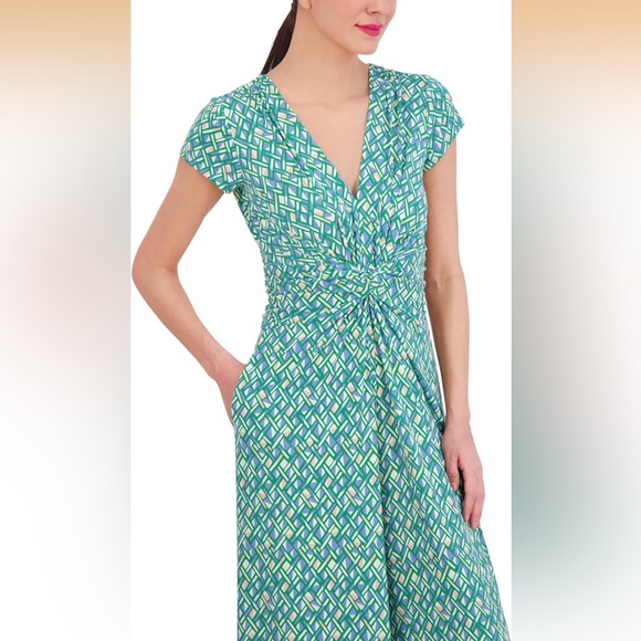Vince Camuto Twist Cap Sleeve Green Geometric Jumpsuit - Picture 3 of 11